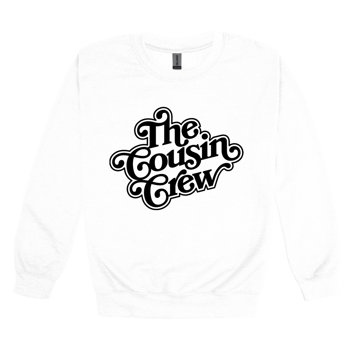 The Cousin Crew design on a White adult crewneck sweatshirt, front view.