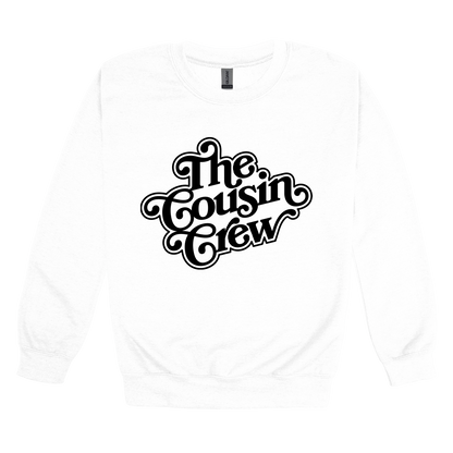 The Cousin Crew design on a White adult crewneck sweatshirt, front view.