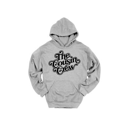 The Cousin Crew design on a Sport Gray adult hoodie, front view.