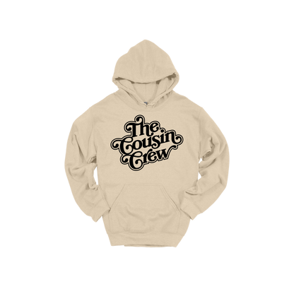 The Cousin Crew design on a Sand adult hoodie, front view.