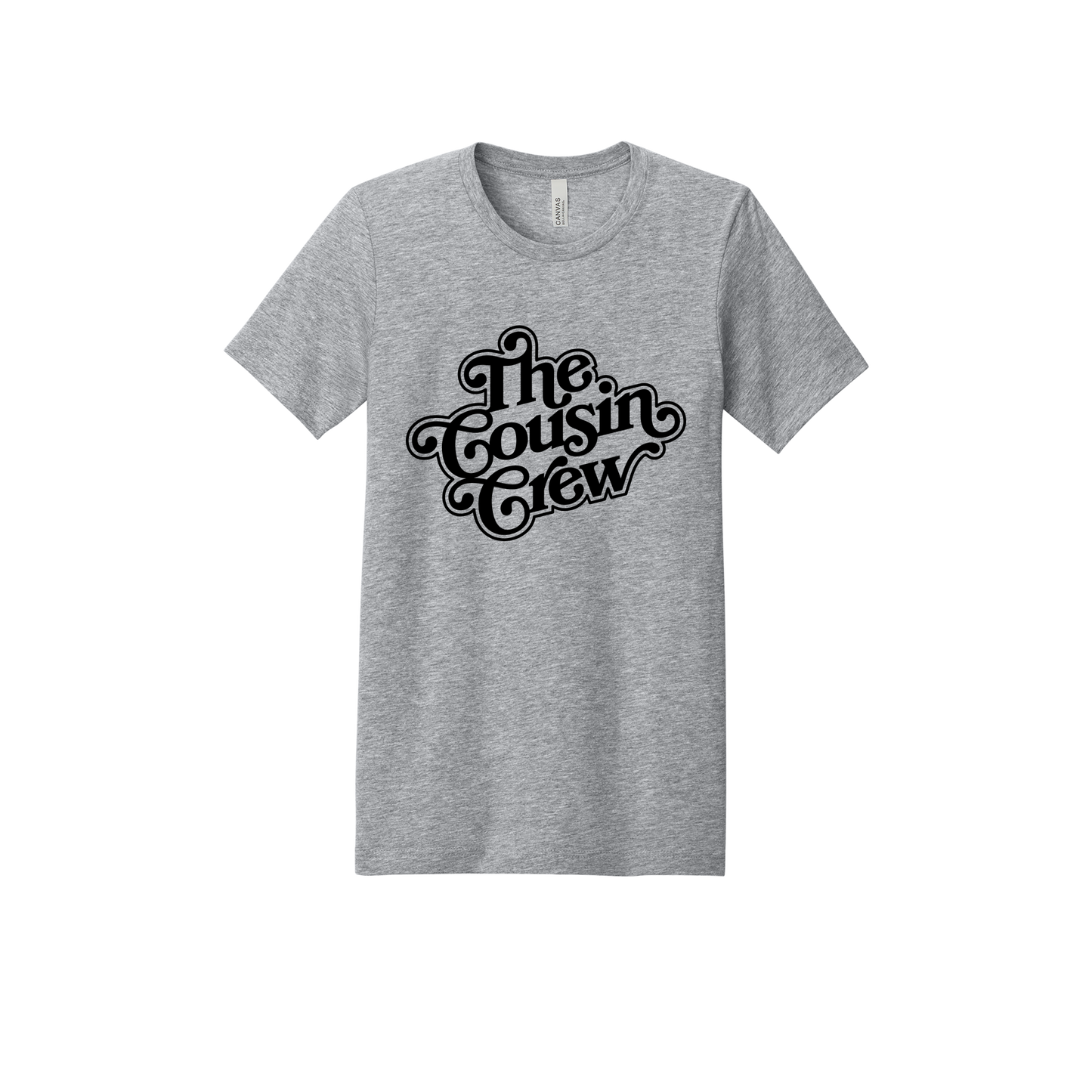 The Cousin Crew design on a Heather Athletic Gray adult T-shirt, front view.
