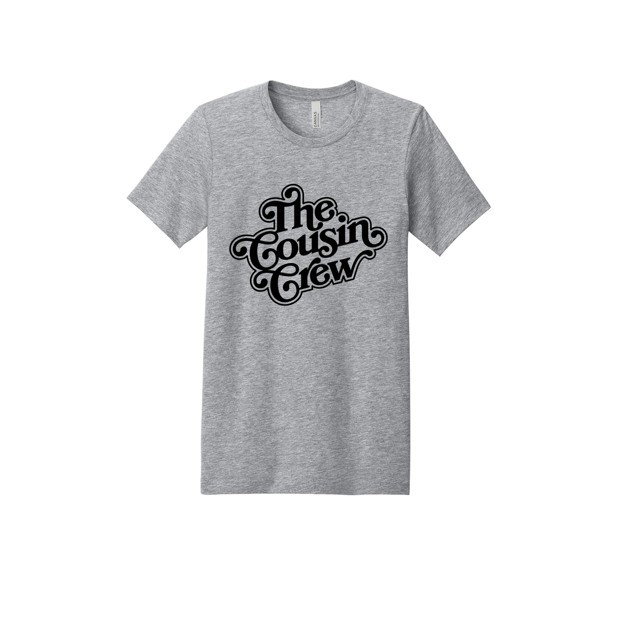 The Cousin Crew design on a Heather Athletic Gray adult T-shirt, front view.