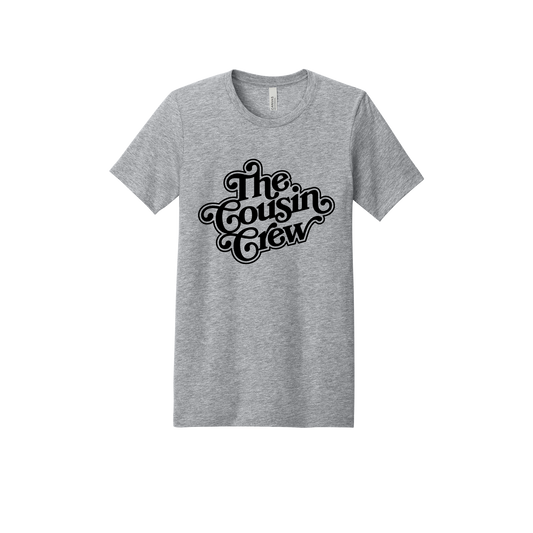 The Cousin Crew design on a Heather Athletic Gray adult T-shirt, front view.