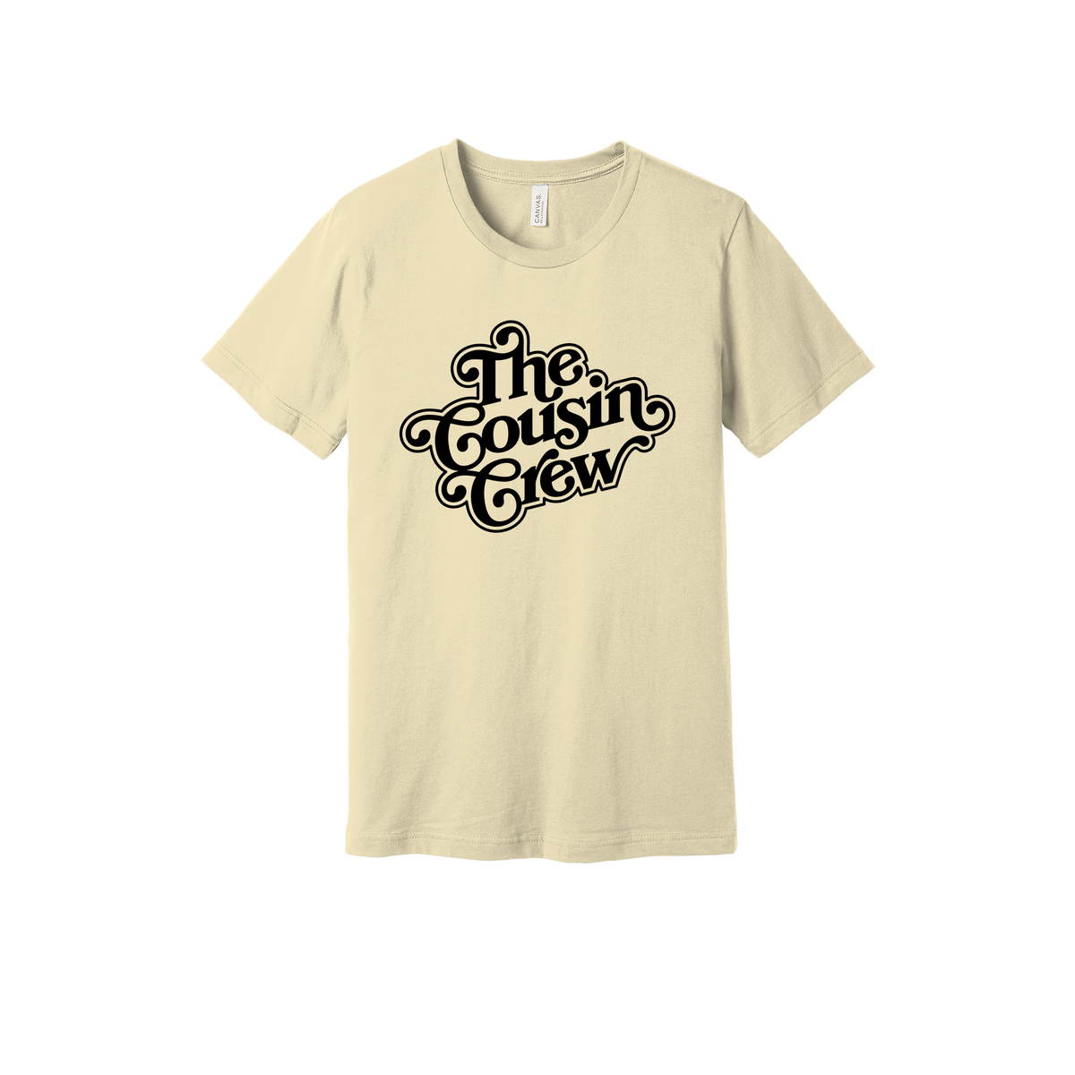 The Cousin Crew design on a Natural adult T-shirt, front view.