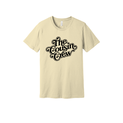 The Cousin Crew design on a Natural adult T-shirt, front view.