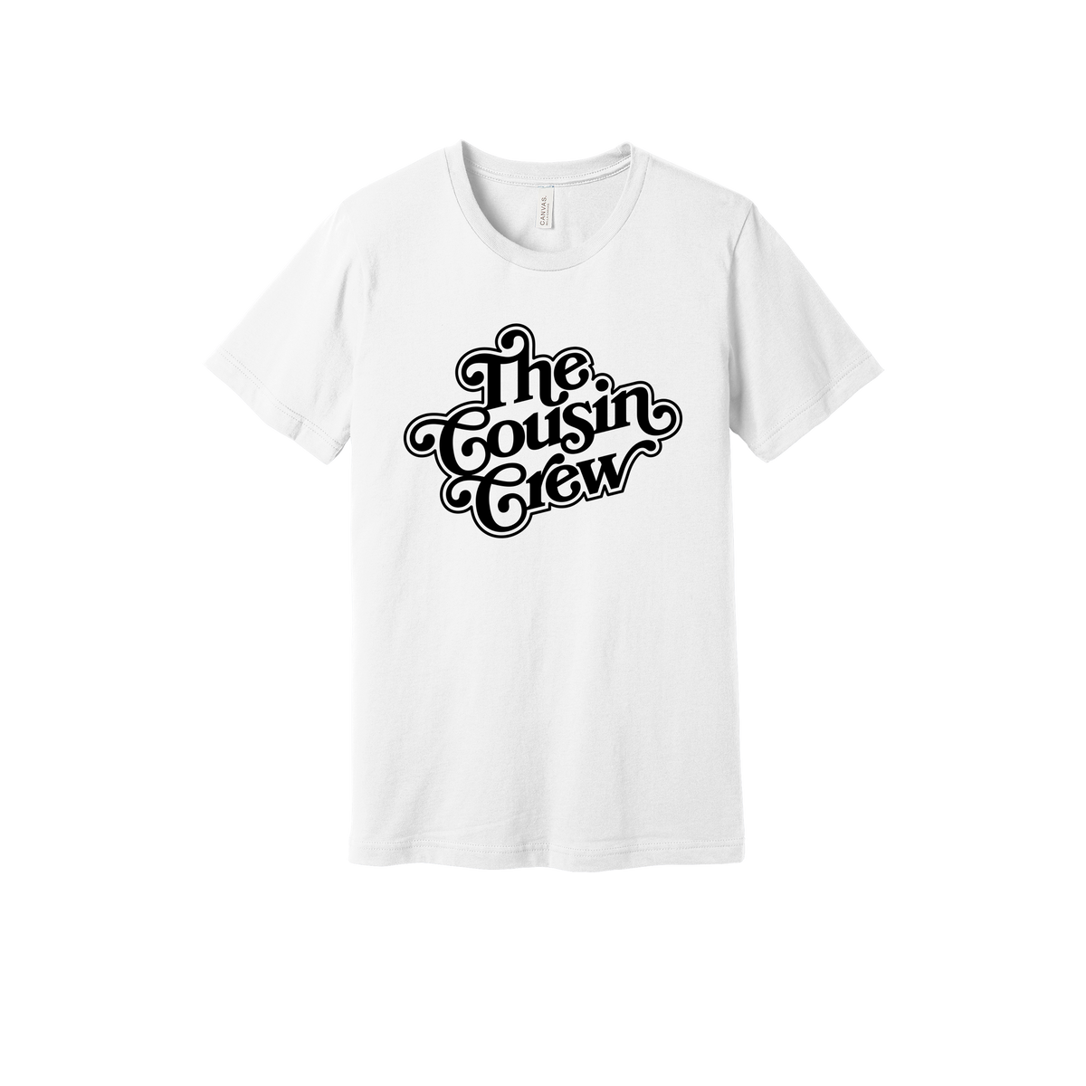 The Cousin Crew design on a White adult T-shirt, front view.