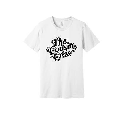 The Cousin Crew design on a White adult T-shirt, front view.