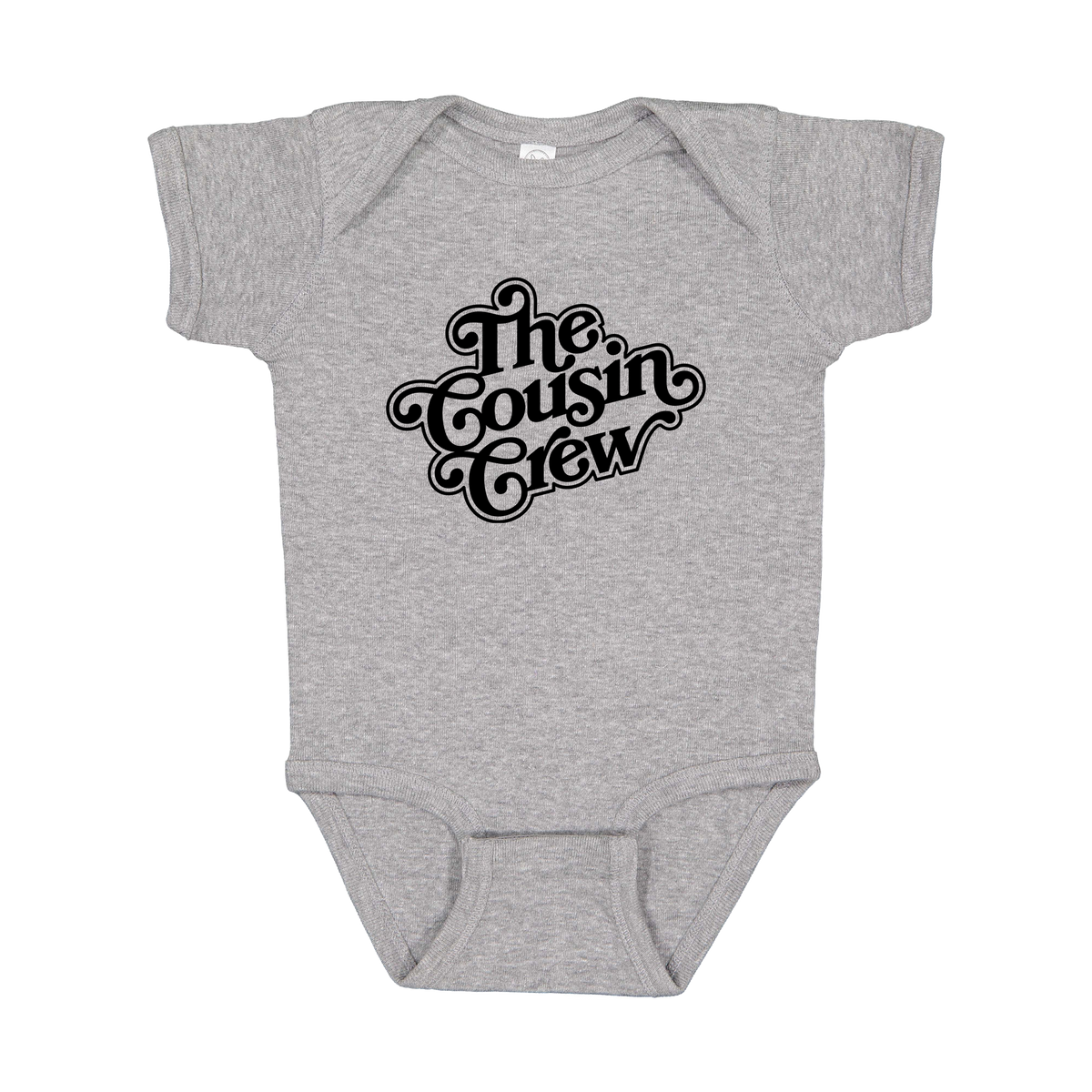 The Cousin Crew design on a Heather Athletic Gray infant onesie, front view.