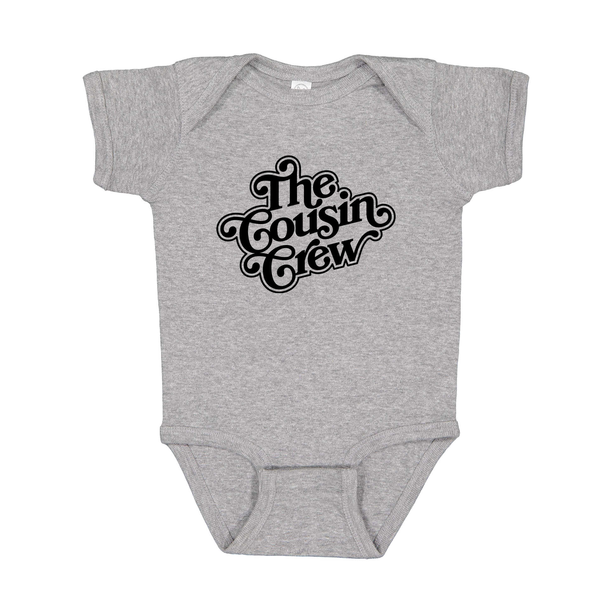The Cousin Crew design on a Heather Athletic Gray infant onesie, front view.