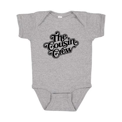 The Cousin Crew design on a Heather Athletic Gray infant onesie, front view.
