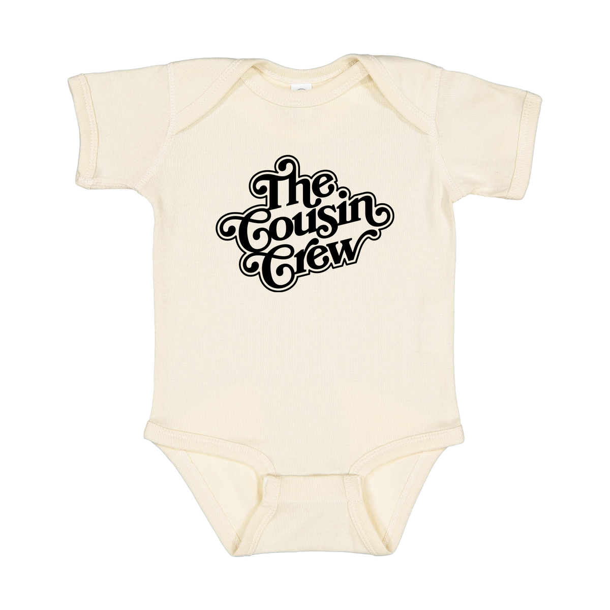 The Cousin Crew design on a Natural infant onesie, front view.