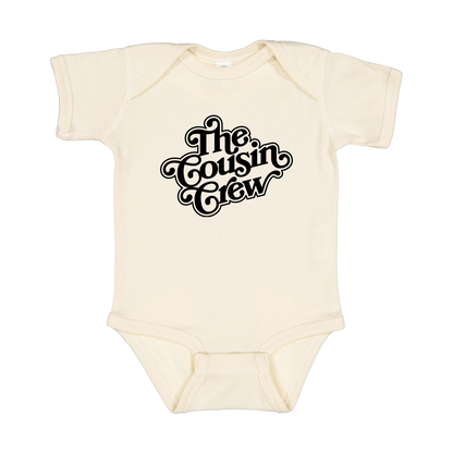 The Cousin Crew design on a Natural infant onesie, front view.