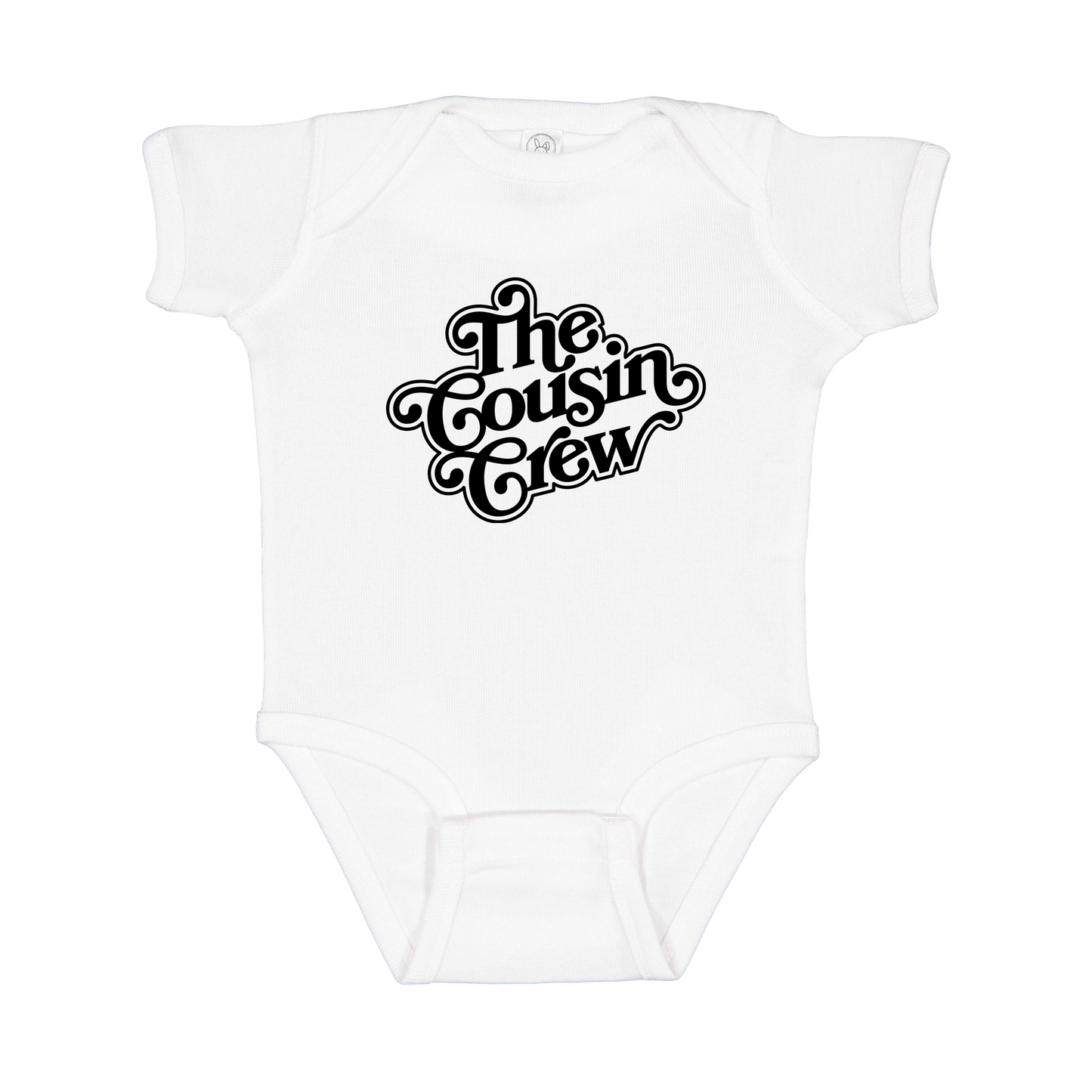 The Cousin Crew design on a White infant onesie, front view.