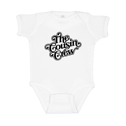 The Cousin Crew design on a White infant onesie, front view.