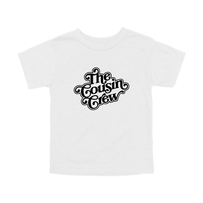 The Cousin Crew design on a White toddler T-shirt, front view.