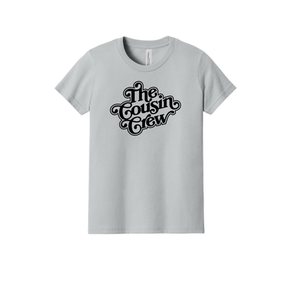 The Cousin Crew design on a Heather Athletic Gray youth T-shirt, front view.