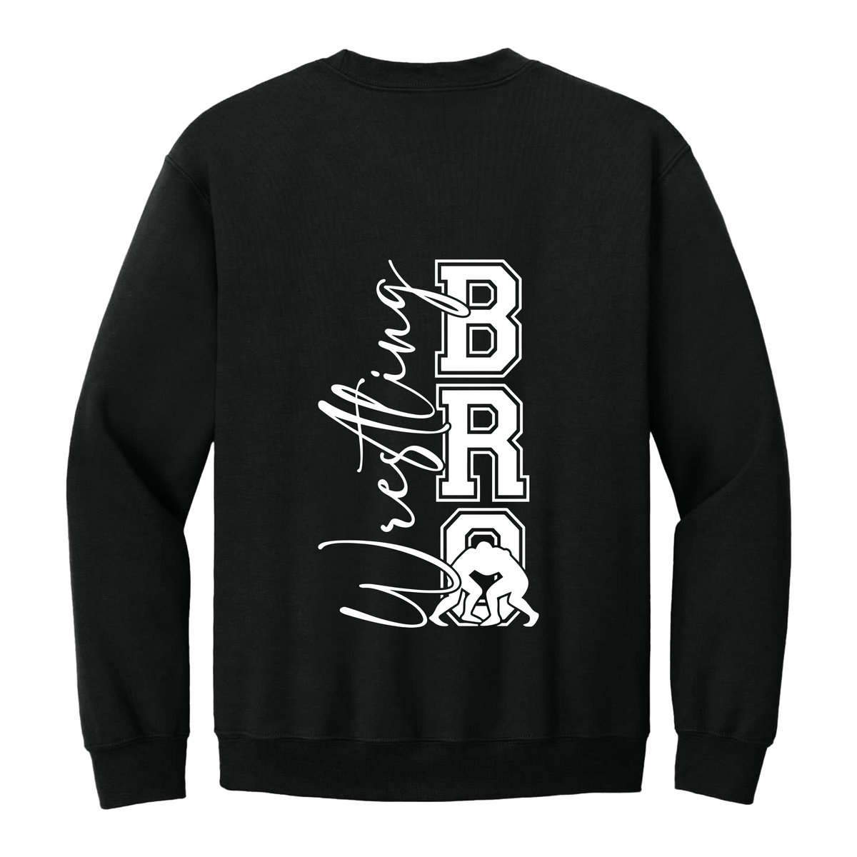 Wrestling Bro Front & Back design on a Black adult crewneck sweatshirt, back view.