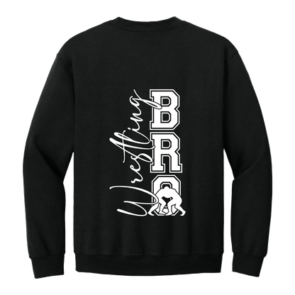 Wrestling Bro Front & Back design on a Black adult crewneck sweatshirt, back view.