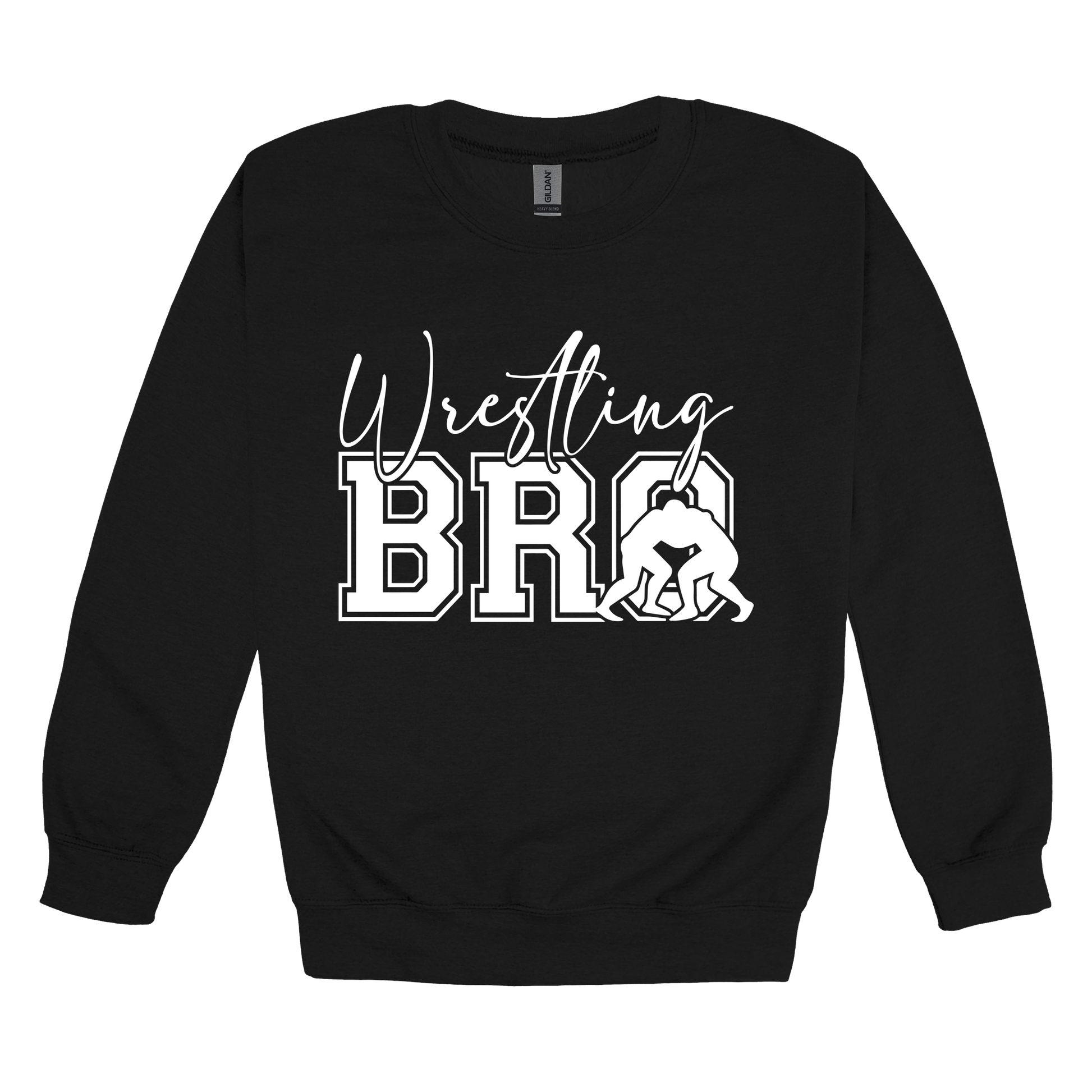 Wrestling Bro Front & Back design on a Black adult crewneck sweatshirt, front view.