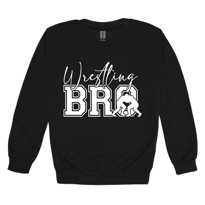 Wrestling Bro Front & Back design on a Black adult crewneck sweatshirt, front view.