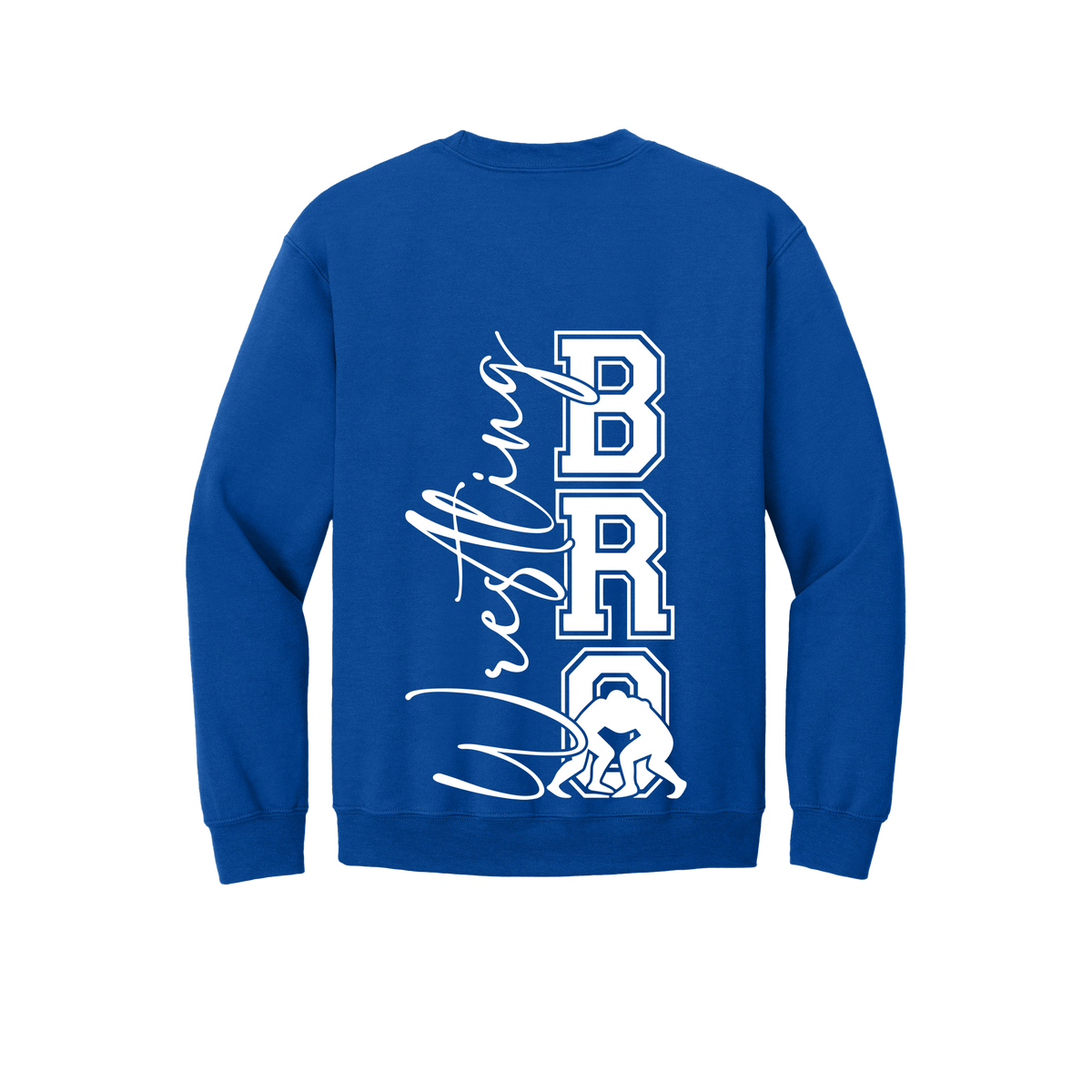 Wrestling Bro Front & Back design on a Royal Blue adult crewneck sweatshirt, back view.