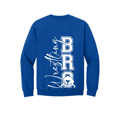 Wrestling Bro Front & Back design on a Royal Blue adult crewneck sweatshirt, back view.