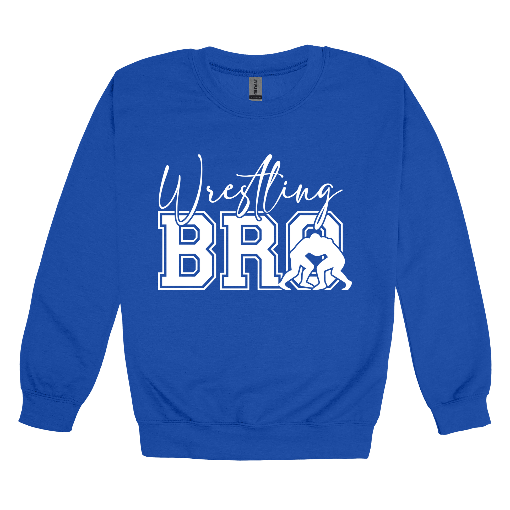 Wrestling Bro Front & Back design on a Royal Blue adult crewneck sweatshirt, front view.