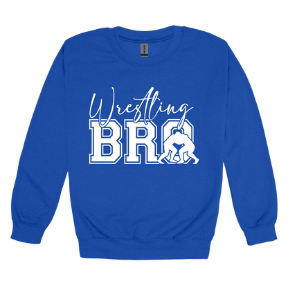 Wrestling Bro Front & Back design on a Royal Blue adult crewneck sweatshirt, front view.