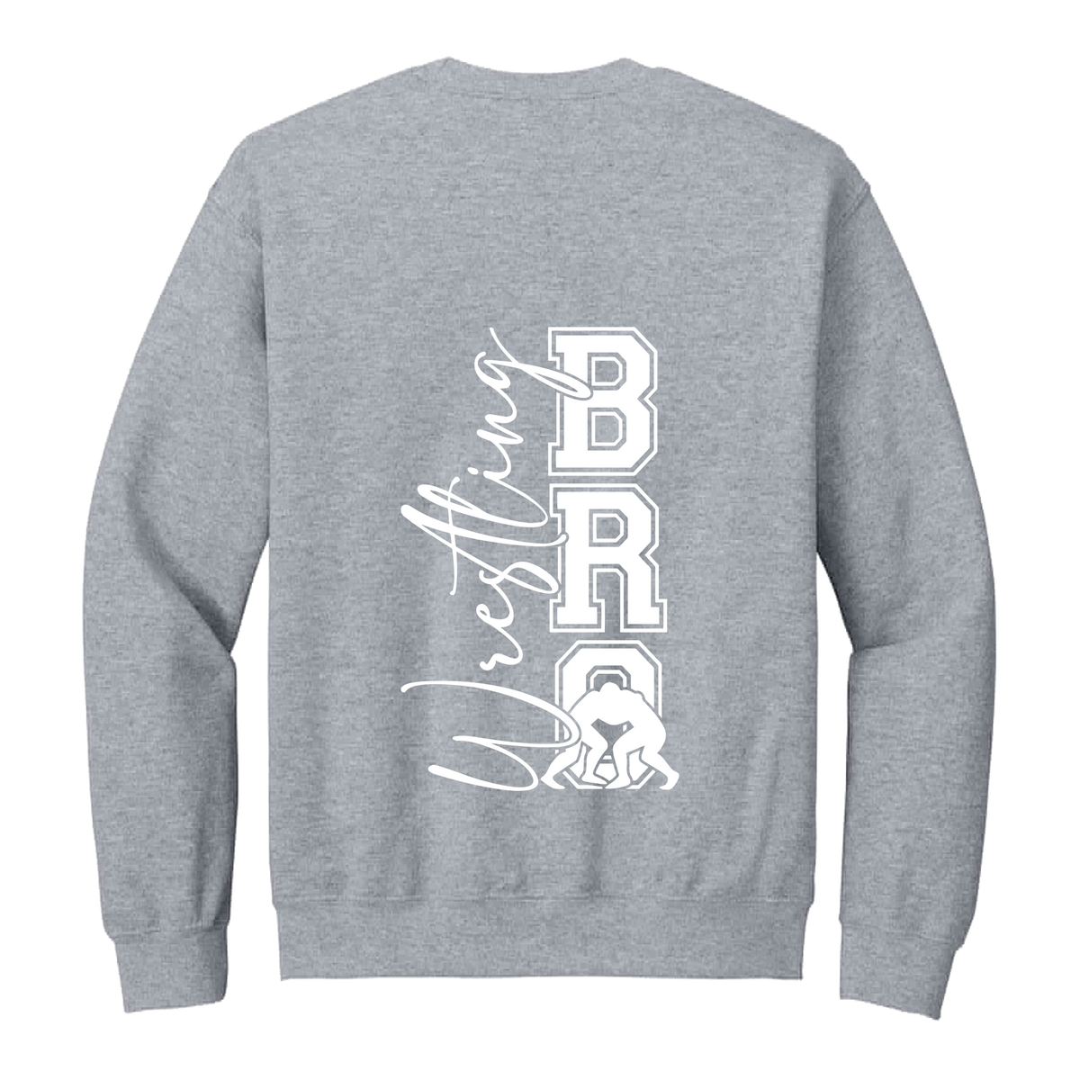 Wrestling Bro Front & Back design on a Sport Gray adult crewneck sweatshirt, back view.