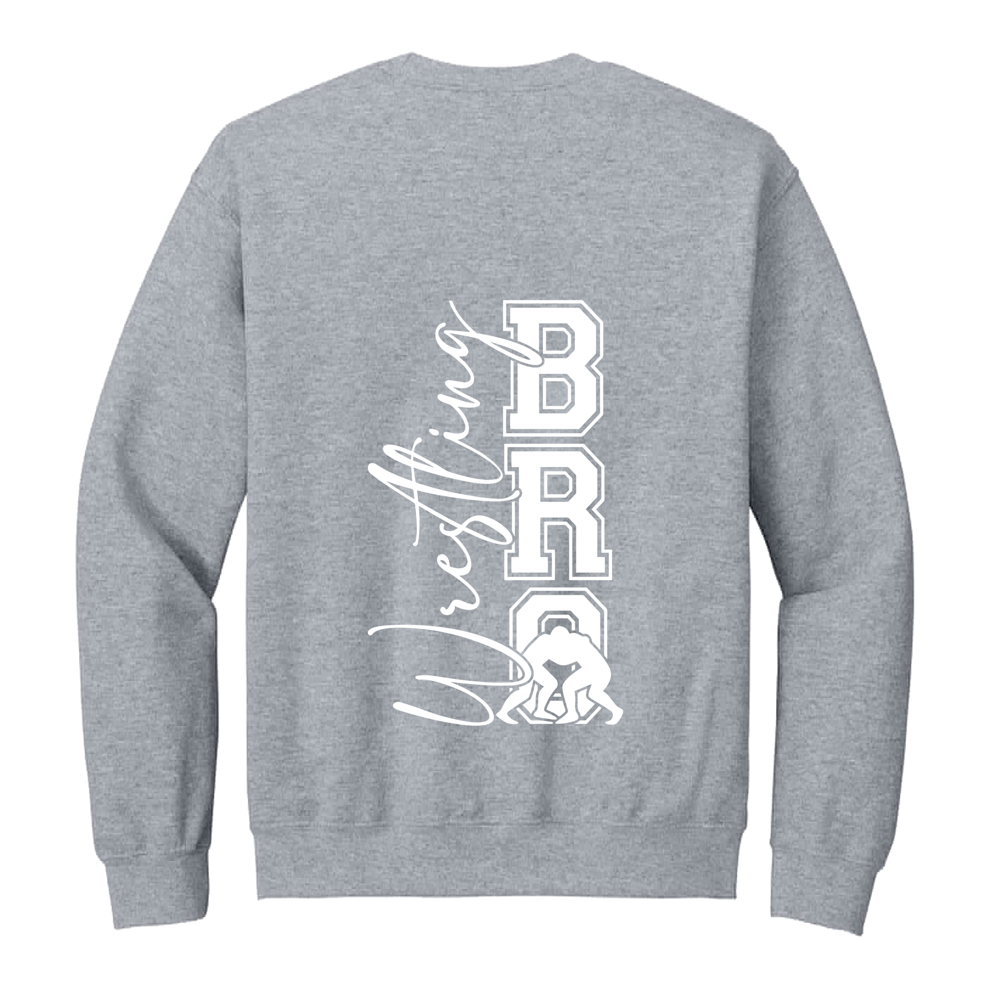 Wrestling Bro Front & Back design on a Sport Gray adult crewneck sweatshirt, back view.