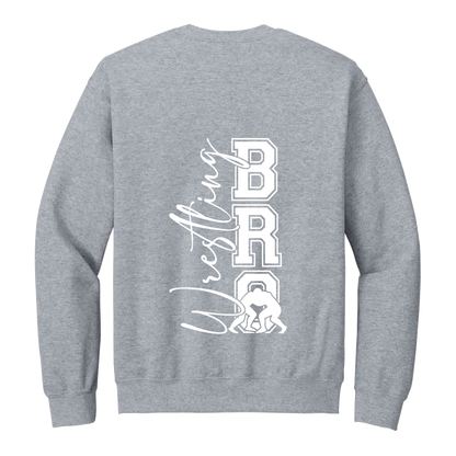 Wrestling Bro Front & Back design on a Sport Gray adult crewneck sweatshirt, back view.