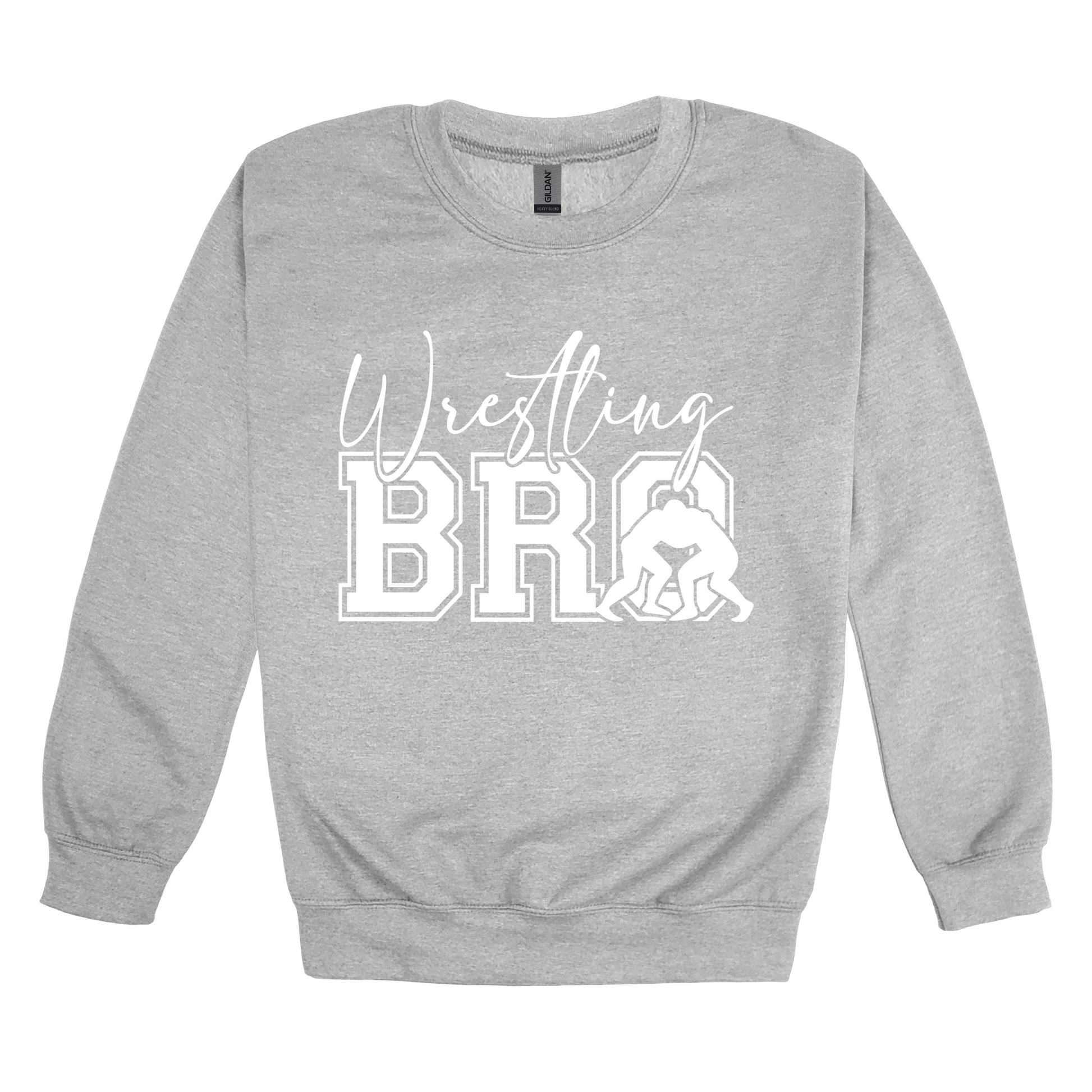 Wrestling Bro Front & Back design on a Sport Gray adult crewneck sweatshirt, front view.