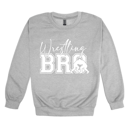 Wrestling Bro Front & Back design on a Sport Gray adult crewneck sweatshirt, front view.