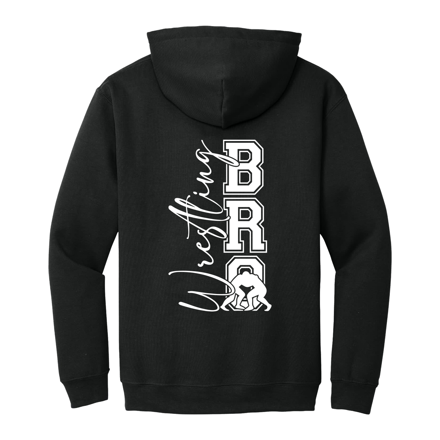 Wrestling Bro Front & Back design on a Black adult hoodie, back view.