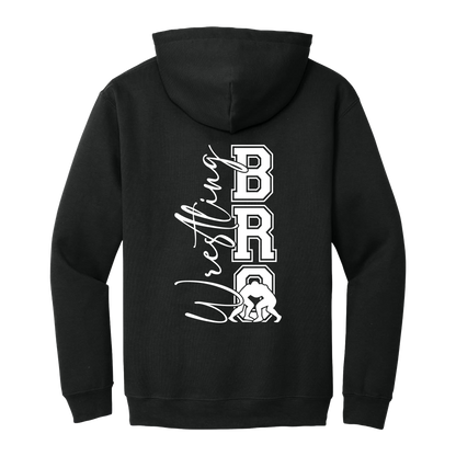 Wrestling Bro Front & Back design on a Black adult hoodie, back view.