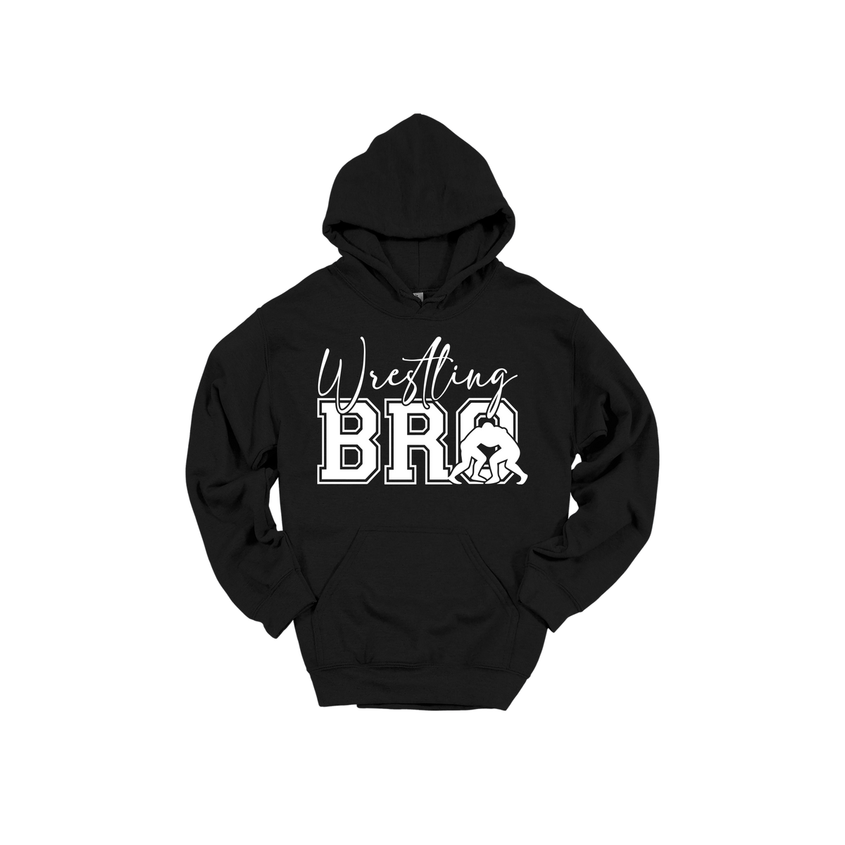 Wrestling Bro Front & Back design on a Black adult hoodie, front view.