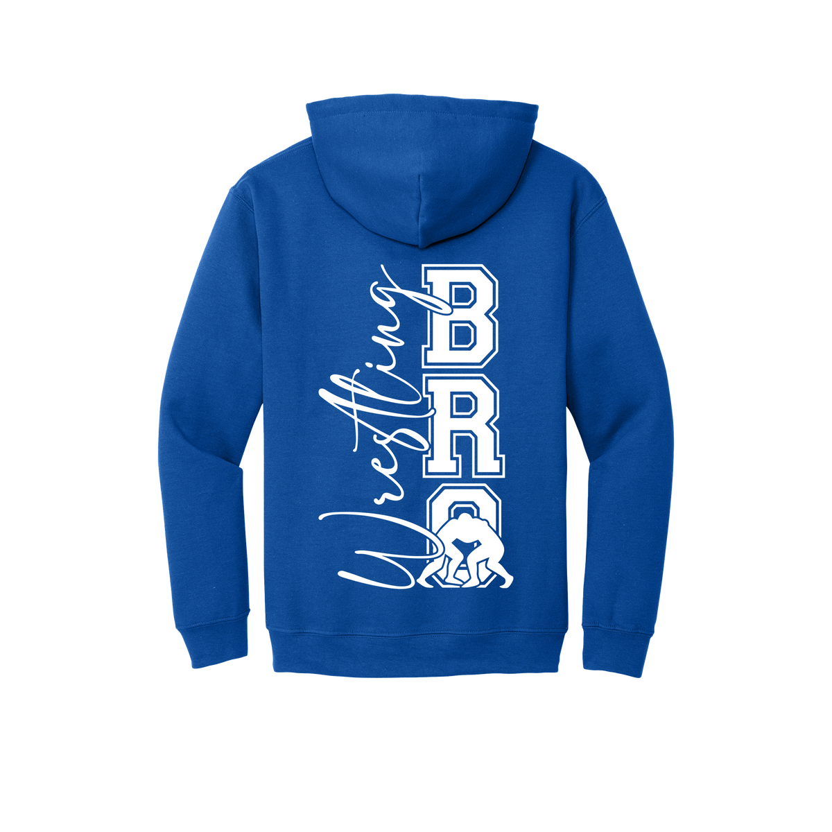 Wrestling Bro Front & Back design on a Royal Blue adult hoodie, back view.