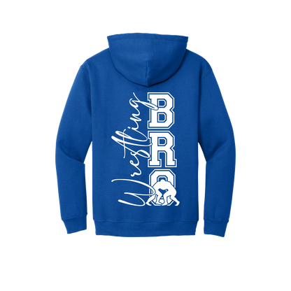 Wrestling Bro Front & Back design on a Royal Blue adult hoodie, back view.