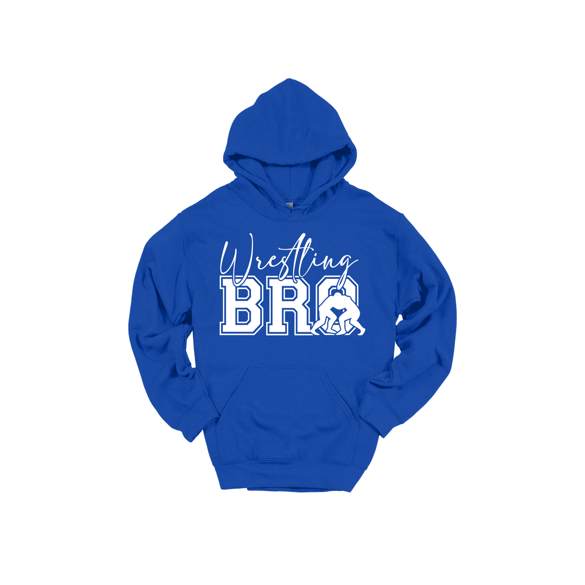 Wrestling Bro Front & Back design on a Royal Blue adult hoodie, front view.