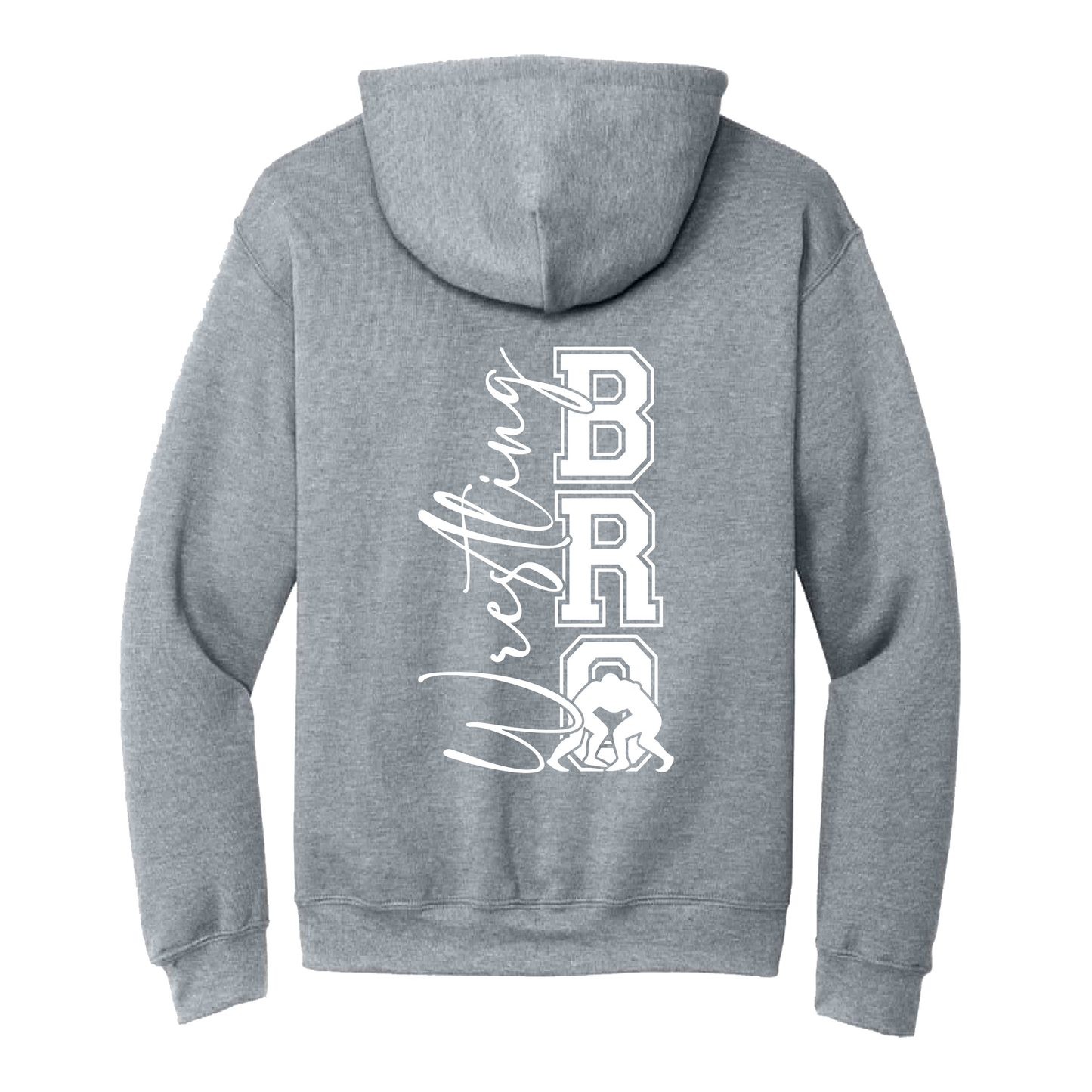 Wrestling Bro Front & Back design on a Sport Gray adult hoodie, back view.