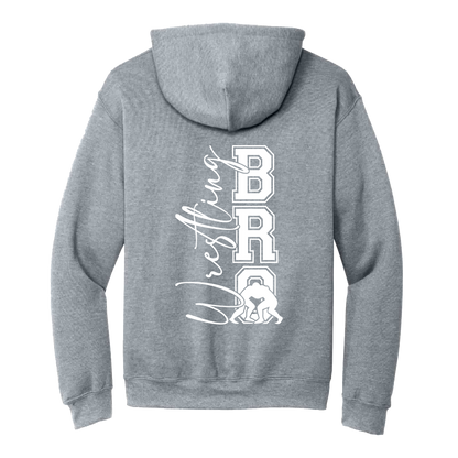 Wrestling Bro Front & Back design on a Sport Gray adult hoodie, back view.