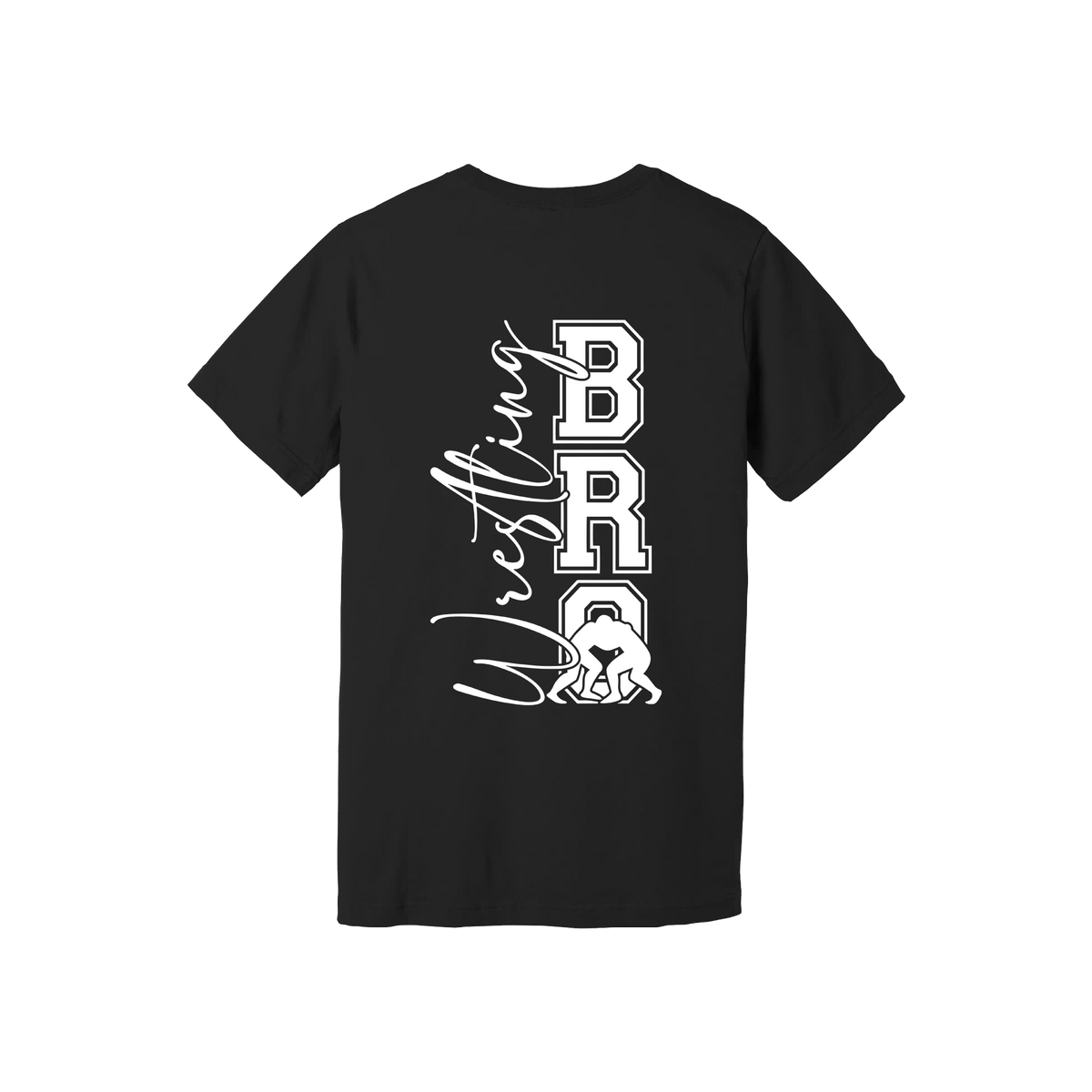Wrestling Bro Front & Back design on a Black adult T-shirt, back view.