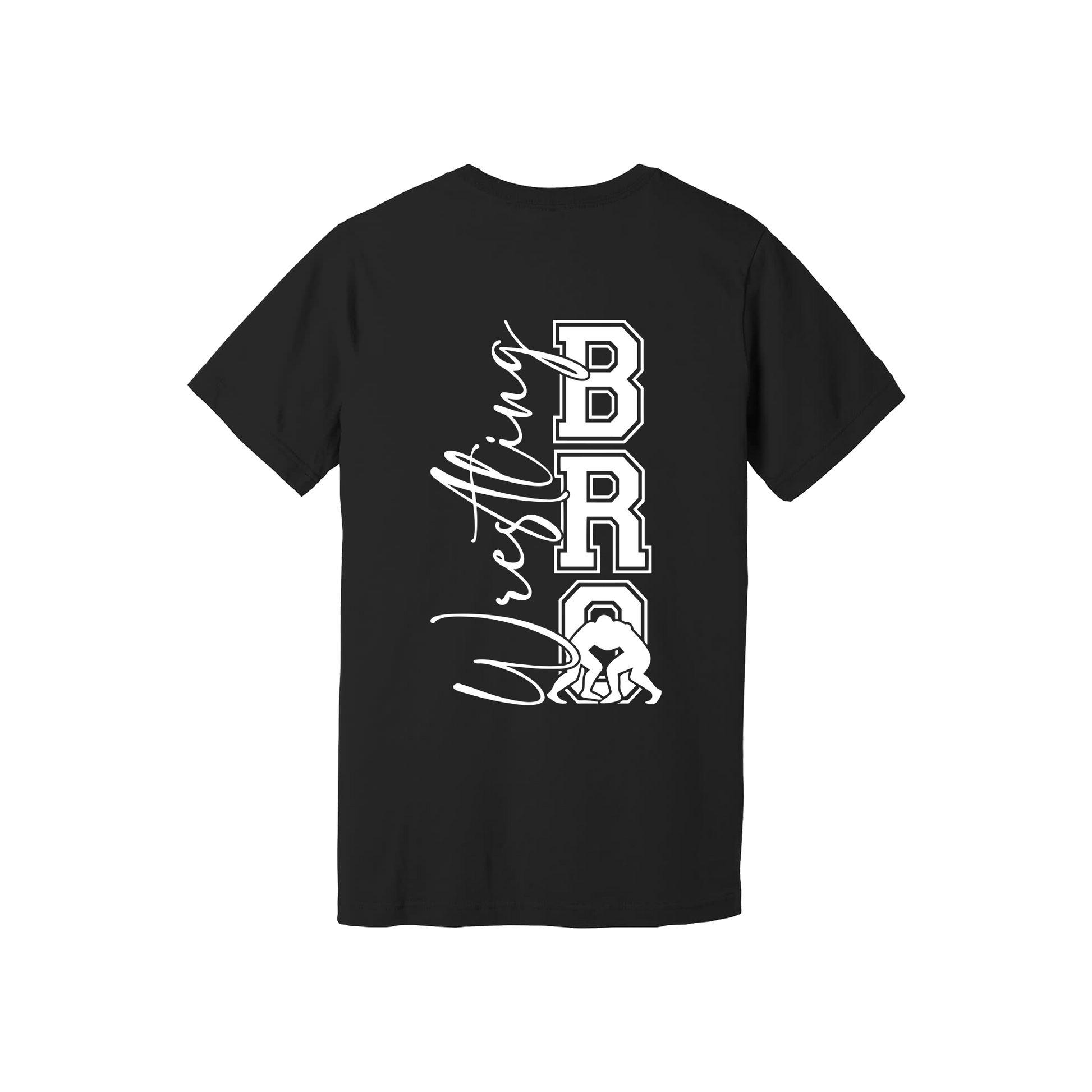 Wrestling Bro Front & Back design on a Black adult T-shirt, back view.