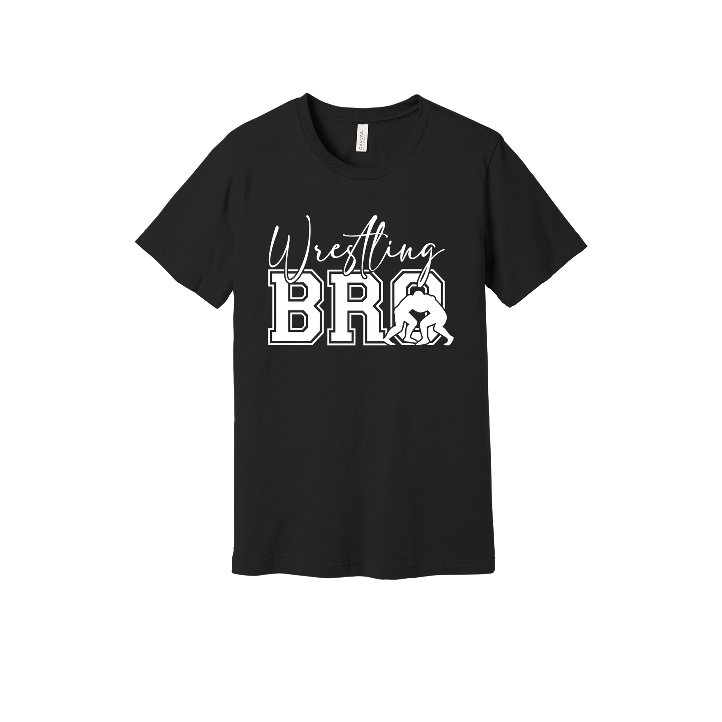 Wrestling Bro Front & Back design on a Black adult T-shirt, front view.