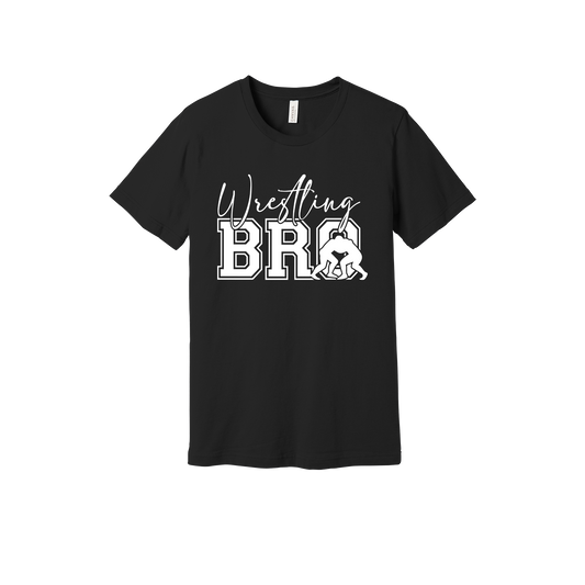 Wrestling Bro Front & Back design on a Black adult T-shirt, front view.