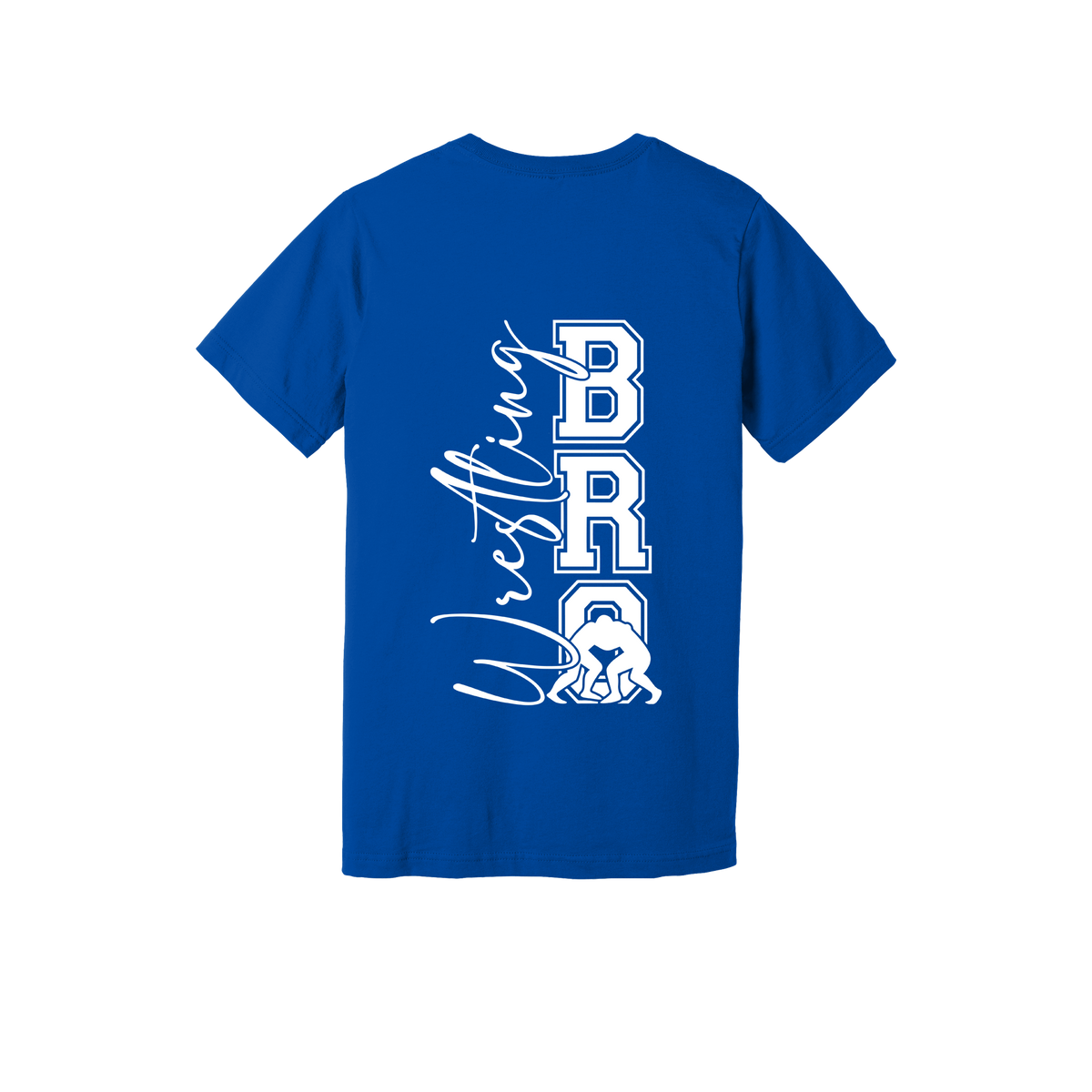 Wrestling Bro Front & Back design on a Royal Blue adult T-shirt, back view.
