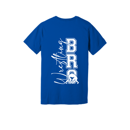 Wrestling Bro Front & Back design on a Royal Blue adult T-shirt, back view.