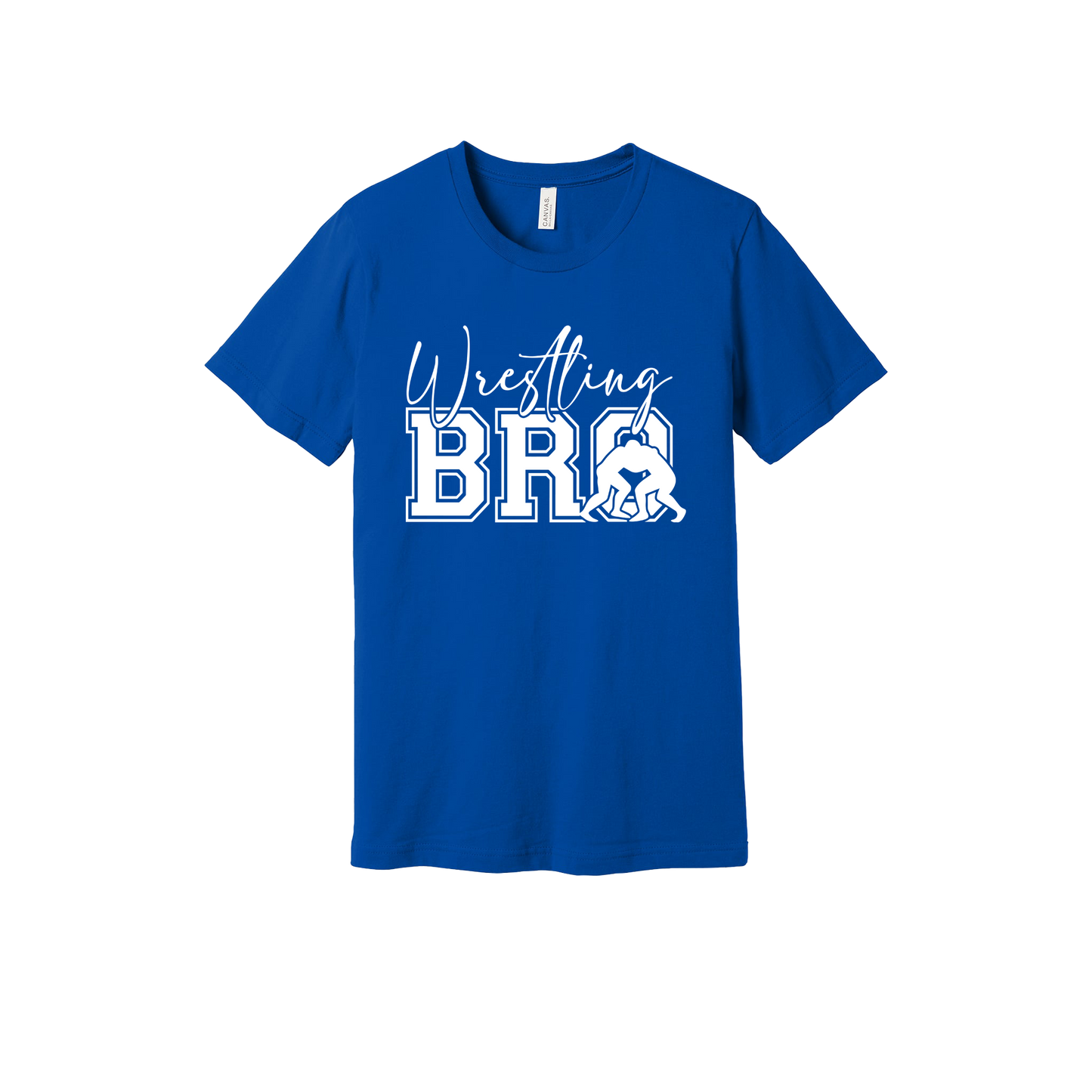 Wrestling Bro Front & Back design on a Royal Blue adult T-shirt, front view.
