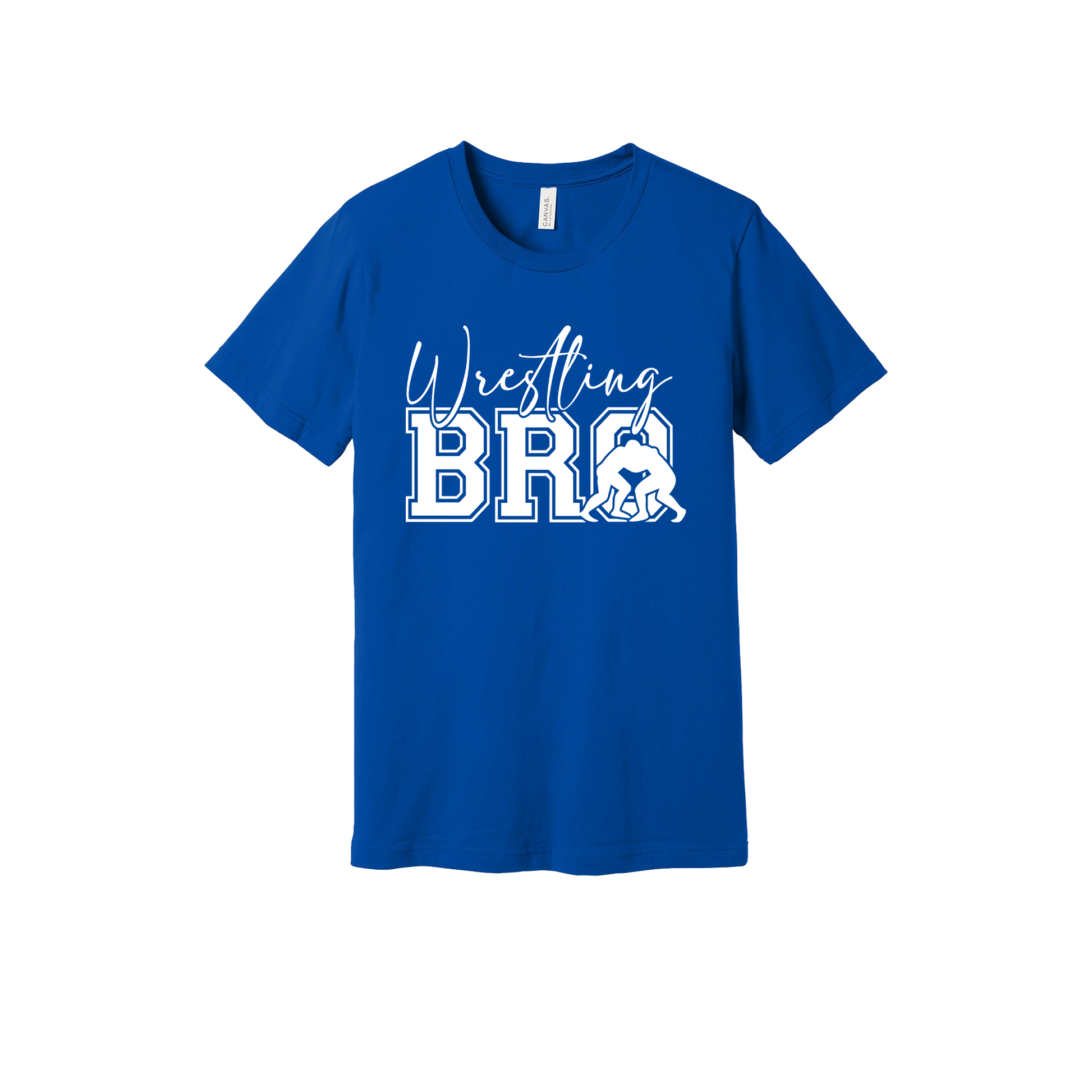 Wrestling Bro Front & Back design on a Royal Blue adult T-shirt, front view.