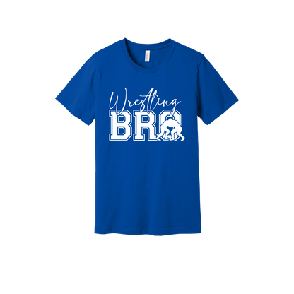 Wrestling Bro Front & Back design on a Royal Blue adult T-shirt, front view.